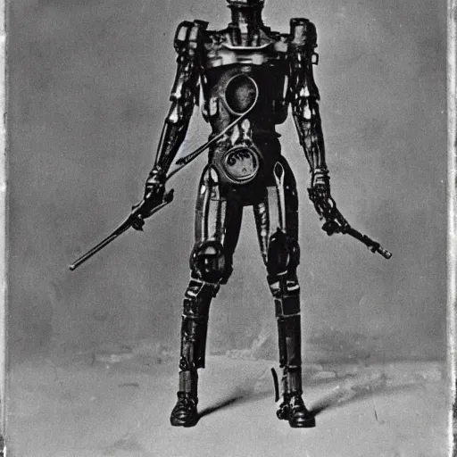 Image similar to grainy 1800s photo of a cybernetic soldier in a city