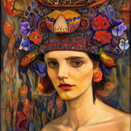 Image similar to the bone crown, by annie swynnerton and nicholas roerich and diego rivera, elaborate costume, flowers, iridescent beetles, rich color, dramatic cinematic lighting, smooth, sharp focus, extremely detailed