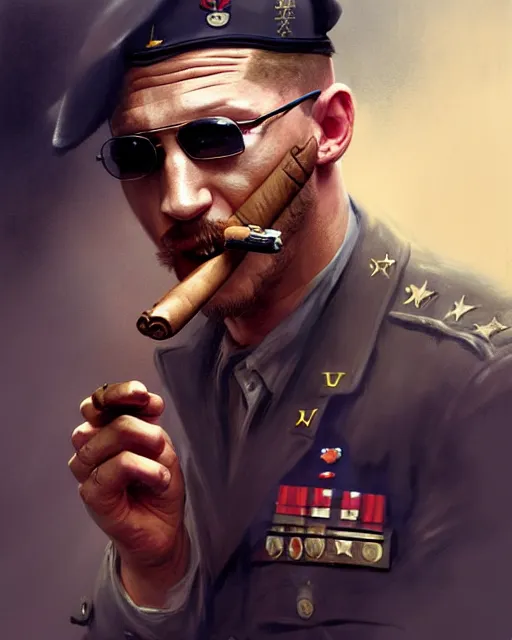 Image similar to tom hardy as a veteran soldier in vietnam, wounded, smoking a cigar | | realistic shaded, fine details, fine - face, realistic shaded lighting painting by greg rutkowski, diego gisbert llorens, magali villeneuve, artgerm, jeremy lipkin, michael garmash, rob rey