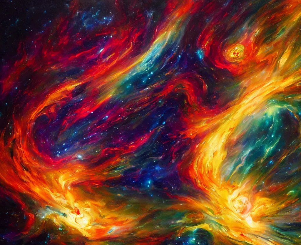 Image similar to an abstract oil painting of an unbelievably beautiful space nebula ; swirling sheets of light and fire ; hyper - detailed ; an extraordinary masterpiece!!! ; flawless ; trending on artstation