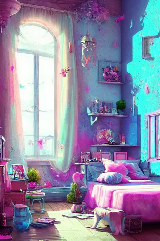 Image similar to hq sharp photo realistic shabby chic room with windows colorful atmospheric, lisa frank, greg rutkowski, artstation behance