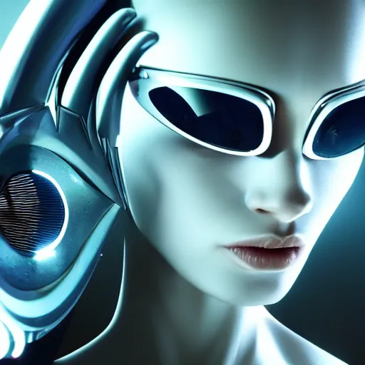 Prompt: beautiful alien cyborg woman, symmetrical, close up futuristic sunglasses showing reflection of a futuristic high tech art museum. hyperrealistic, unreal engine, very detailed, 8 k render, ultra detailed, realistic texture