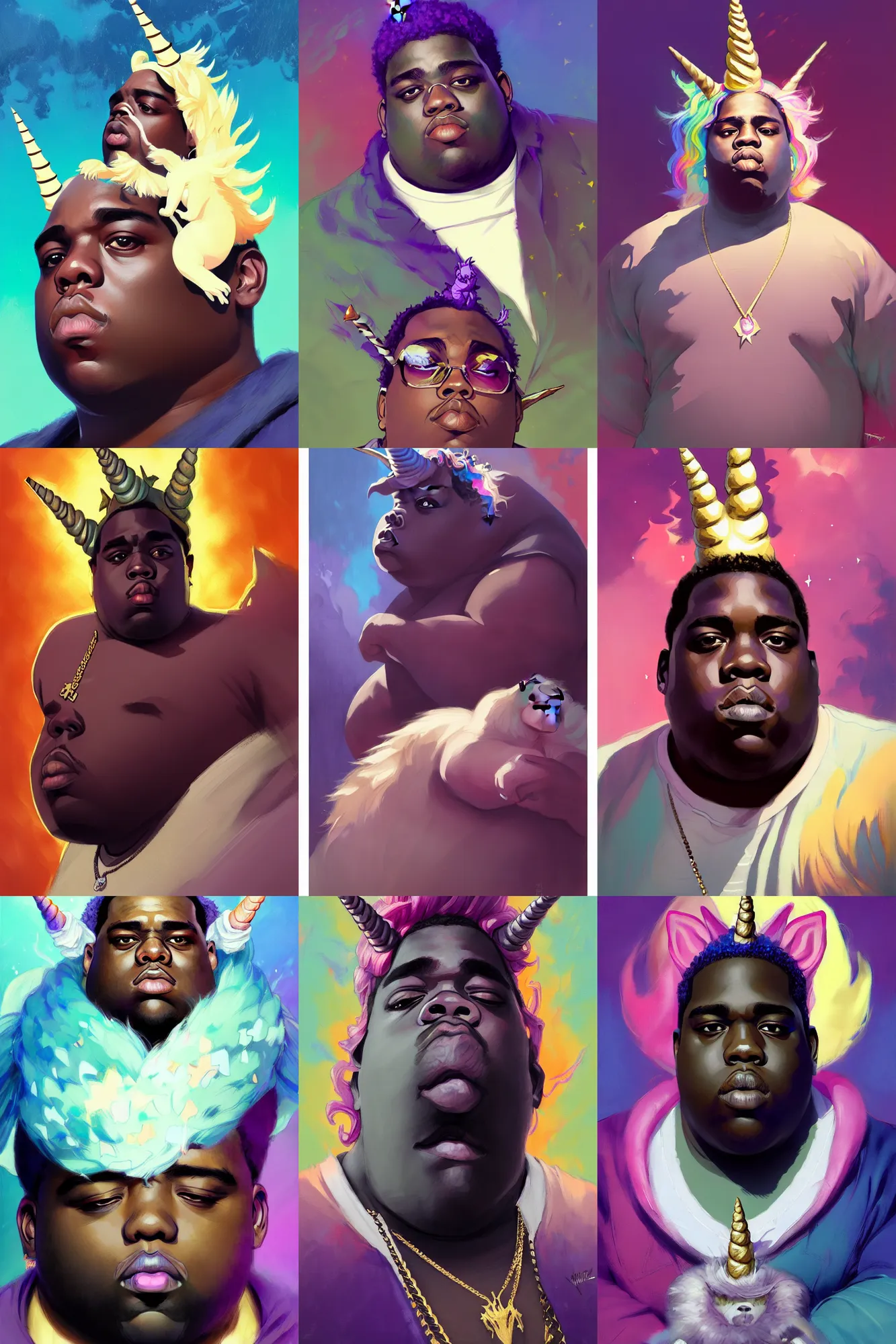 Prompt: the notorious b. i. g. as a magic unicorn creature, chibi, anime, flattened, squashed, shaded lighting poster by magali villeneuve, jeremy lipkin and michael garmash, rob rey and kentaro miura style, trending on art station