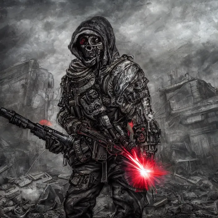 Image similar to gritty hooded apocalyptic man shouldering laser - rifle surrounded by destroyed machine, hyper - detailed, smooth, sharp focus, 4 k ultra hd, fantasy dark art, apocalyptic art
