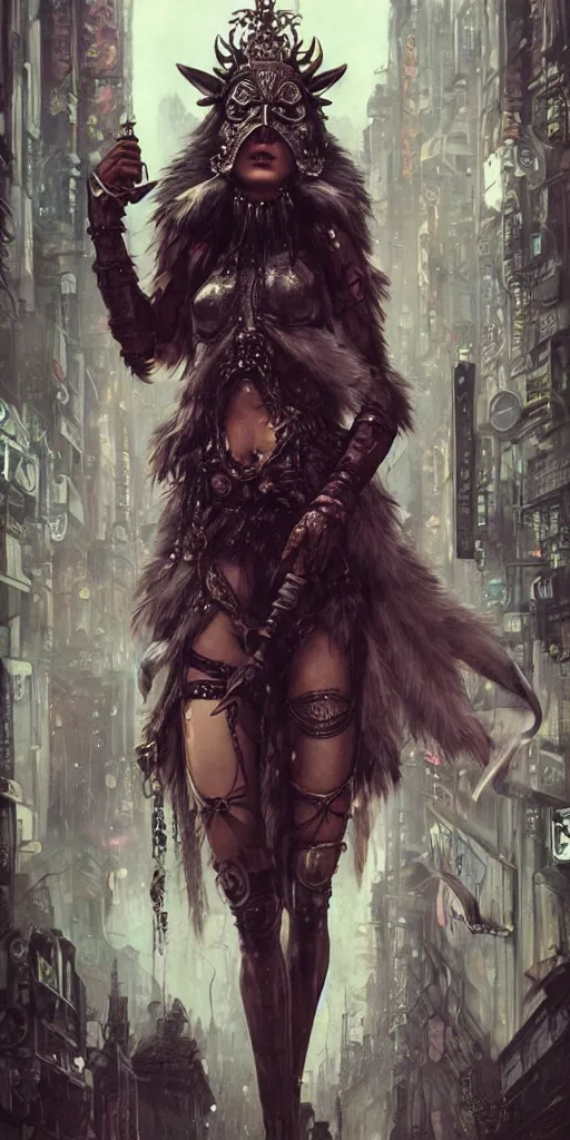 Image similar to hyper realistic Princess Mononoke, ornate mask, wet market street, cyberpunk metropolis, city landscape, jewels, full body pose, wolves, style of tom bagshaw, mucha, james gurney, norman rockwell, denoised, sharp