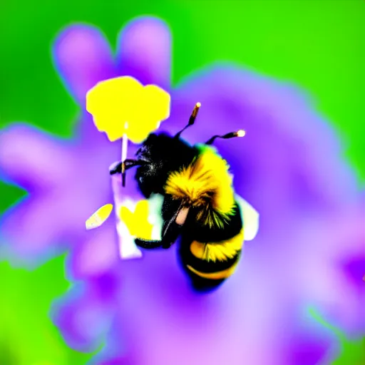 Image similar to surreal composite bumble bee made of flowers, pedicel legs, flower petal wings, siting on a finger, 5 0 mm lens, f 1. 4, sharp focus, ethereal, emotionally evoking, head in focus, volumetric lighting, blur dreamy outdoor