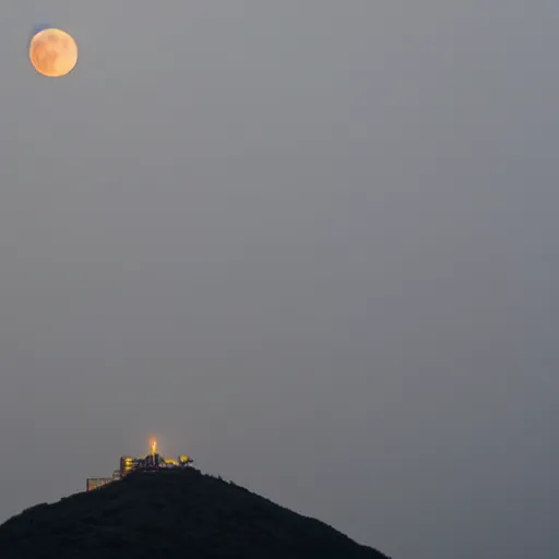 Image similar to Landscape of mountain at night with radio tower on top. Mist is covering the mountain. Yellow moon is behind radio tower.