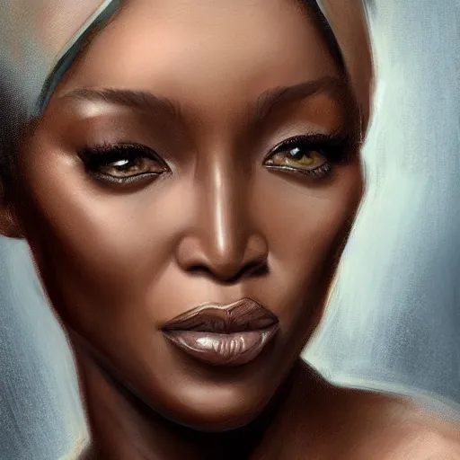 Image similar to beautiful, very strong, naomi campbell, middle aged, face, no makeup, no tattoos, warrior, battle hardened, head shot, fantasy, highly detailed, digital painting, artstation, concept art, sharp focus, illustration, art by jodie muir and brom