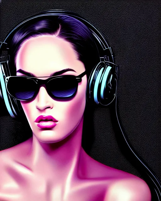 Prompt: closeup beautiful retro future megan fox varga girl wearing headphones and sunglasses, glamour pose, jersons, windblown dark hair, diesel punk, seductive, hyper detailed, digital art, studio lighting, smooth, ambient volumetric lighting, sharp focus, patrick nagle, 1 9 8 0 s, synthwave