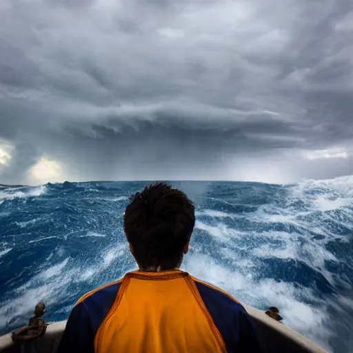 Image similar to man holding the ship's wheel during a storm at sea