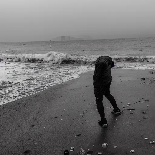 Image similar to guy crying on the beach of vernazzola genova alone. rain. dark. night. broken heart.