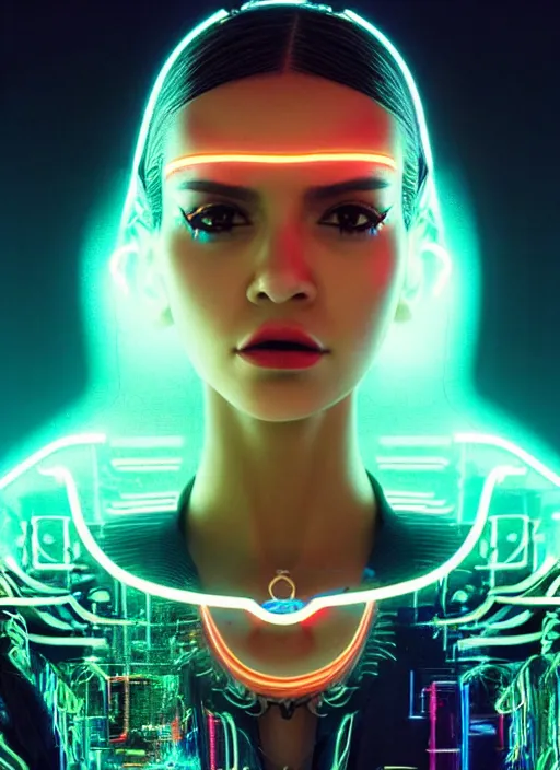 Prompt: a hispanic female humanoid, cyber neon lighting, futurism, cyberpunk high fashion, glamor profile pose, hyper photorealistic, intricate futuristic jewelry, crispy quality, digital photography, trending in artstation, trending in pinterest, cinematic, 4 k ultra hd, art by pascal blanche, art by artgerm, art by greg rutkowski,