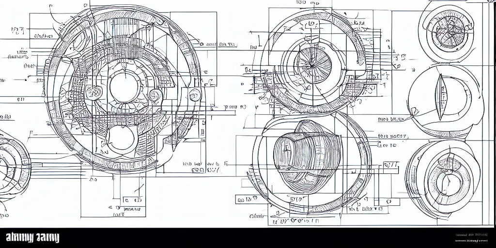 Prompt: highly detailed schematic, technical drawing, side view, toroid, universe designs