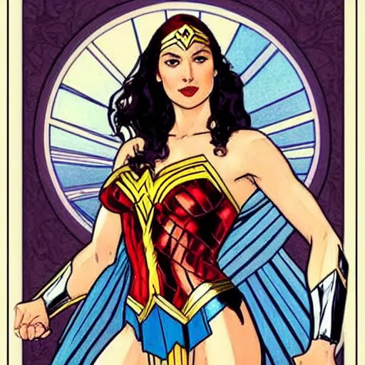 Image similar to gal gadot as wonder woman, mucha style, art nouveau,