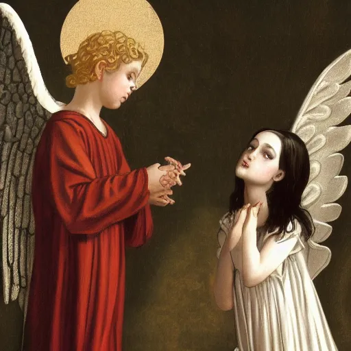 Image similar to an biblically accurate angel having a conversation with a very confused goth girl, masterpiece, old painting, 4 k scan, high attention to detail.