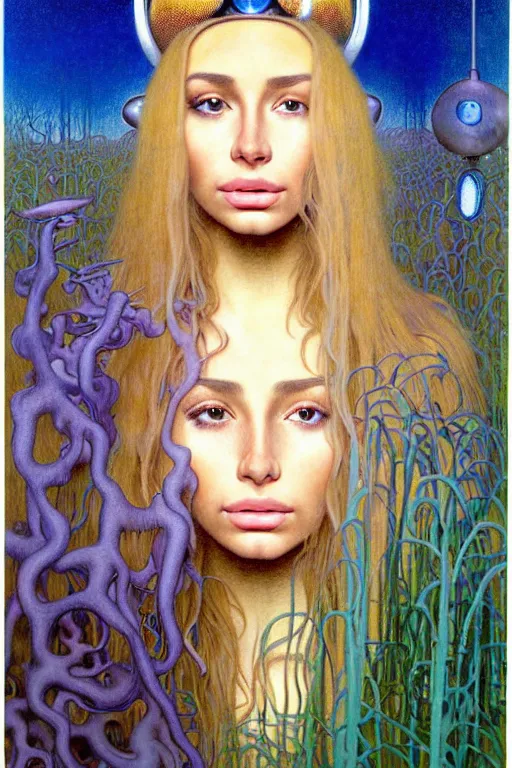 Image similar to realistic detailed face portrait painting of a beautiful hailey bieber with blond hair with sci-fi headwear, futuristic sci-fi forest on background by Jean Delville, Amano, Yves Tanguy, Alphonse Mucha, Edward Robert Hughes, Roger Dean, moebius, hilma af klint, rich moody colours, blue eyes