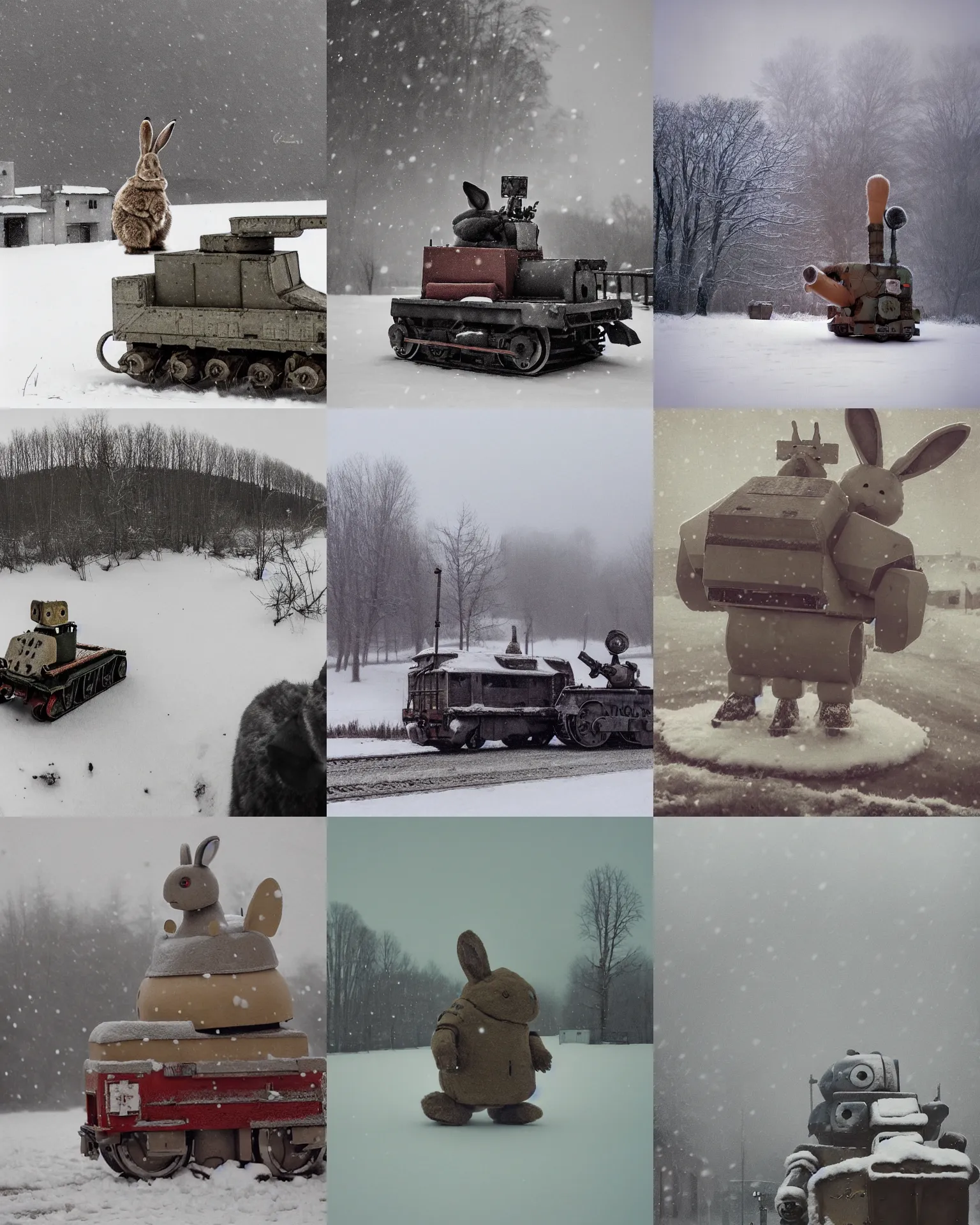 Prompt: giant oversized chubby bulky armored train rabbit robot mech, with big rabbit ears, rocket launcher , winter snow on a village , Cinematic focus, grainy agfa photo, vintage, neutral colors, soft lights, foggy, panorama by by Serov Valentin, by lisa yuskavage, by Andrei Tarkovsky