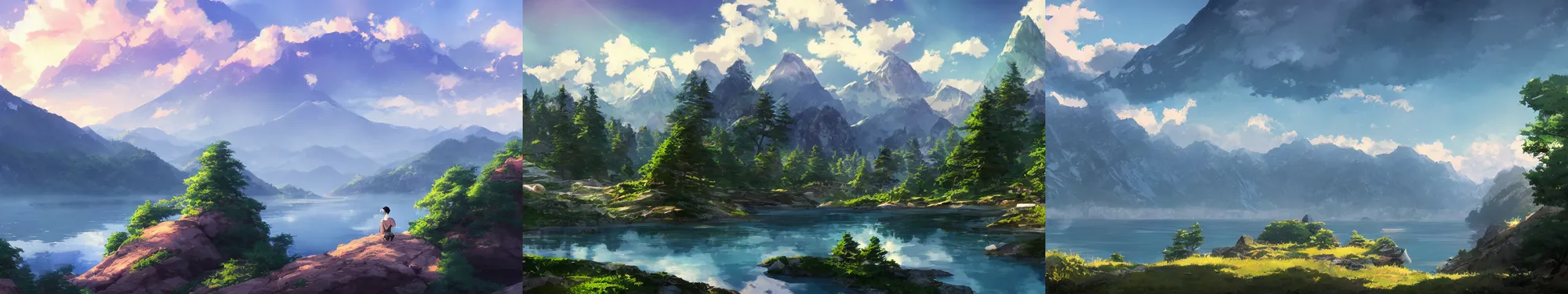 Prompt: lakeside mountains, by makoto shinkai