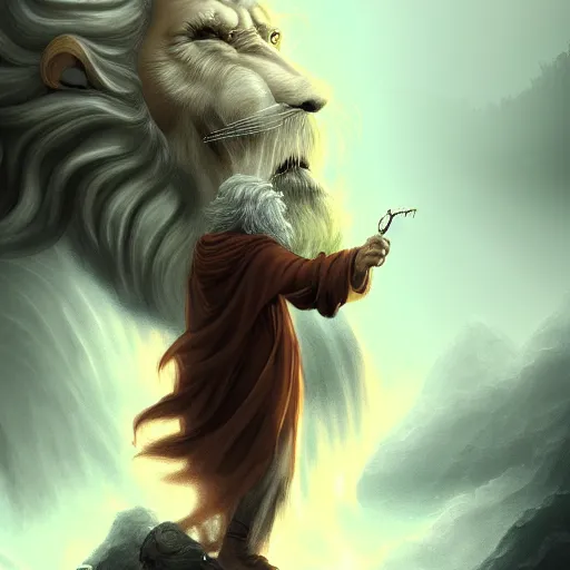 Prompt: hooded wise old man long white beard wearing a brown tunic riding on lions back, epic digital art trending on artstation, superb detail 8 k masterpiece