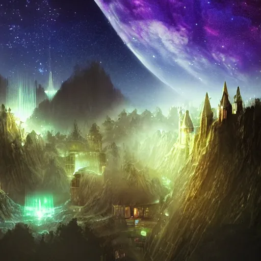 Image similar to elven city at night with lights and galaxy in the sky, purple, realistic, lights, galaxy, stars, future, art station, fantasy, digital art, photoreal, cliff,