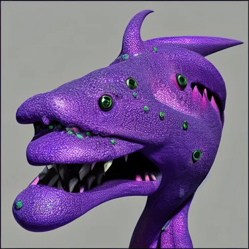 Image similar to 3 d fantasy sea serpent face close up iridescent purple blue green cycles render character concept 3 d render detailed