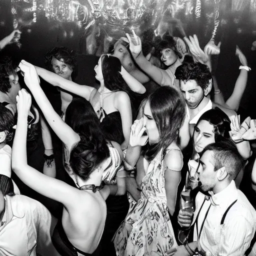 Image similar to young people dancing and drinking in a fancy nightclub, partylights, beautiful people, by ansel adams, trending on artstation