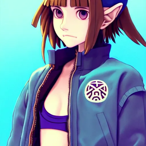 Image similar to beautiful boyish natalie portman gravure model in majora's mask, wearing big mayan bomber jacket with overalls and leotard, big bomber jacket with subtle mayan patterns, aztec bathing suit, gapmoe yandere grimdark, trending on pixiv fanbox, painted by greg rutkowski makoto shinkai takashi takeuchi studio ghibli, akihiko yoshida