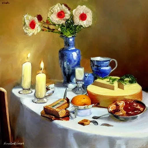 Image similar to a table full of traditional Swedish food, candles, cheese, schnapps, painting by Vladimir Volegov