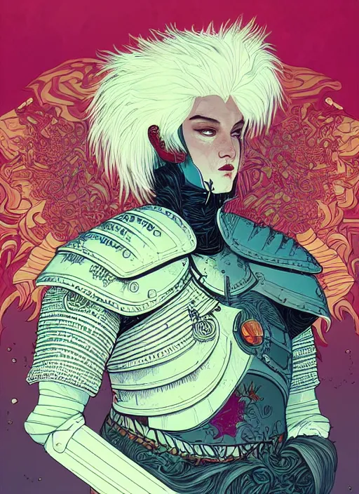 Prompt: beautiful illustration of a white haired knight with a falcon armor, in the style of james jean and victo ngai and sam guay and moebius, vibrant moody colors, trending on artstation