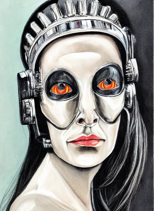 Prompt: portrait of robot queen with chrome skin and sodium dome car headlights for eyes