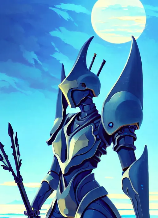 Image similar to close up of a mech armor witch holding a trident, extremely beautiful and aesthetic and detailed cute face and body, back shark fin, big wave horizon, specular reflection, occlusion shadow, dynamic pose, slightly smiling, blue sky, big blade whale and black giants minotaurus, fantasy illustrations, by makoto shinkai and peter mohrbacher and ferdinand knab