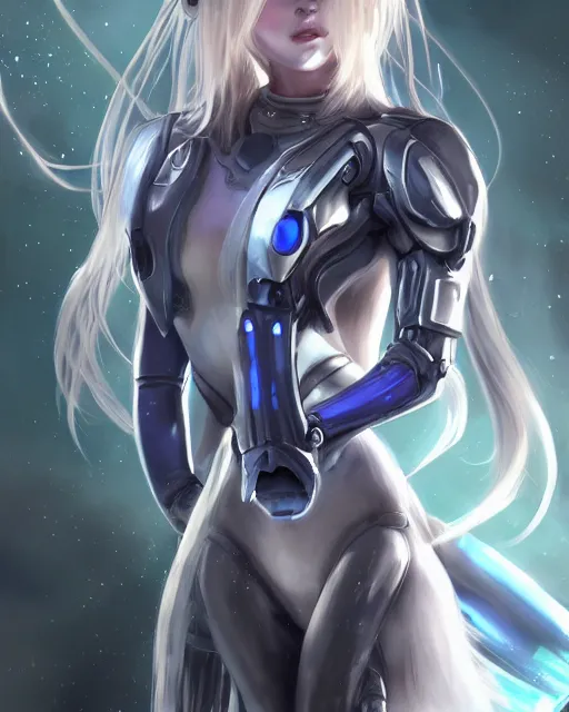 Image similar to perfect android girl family, full body character design, warframe armor, beautiful face, scifi, futuristic, galaxy, nebula, bae suzy, dreamy, long white hair!!!, blue cyborg eyes, sharp focus, cinematic lighting, highly detailed, artstation, divine, by gauthier leblanc, kazuya takahashi, huifeng huang