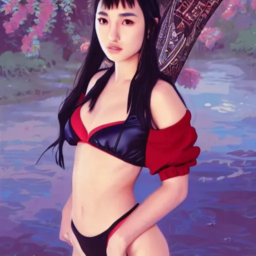 Image similar to a beautiful young japanese natalie portman alluring gravure model, stylized concept art, wearing elaborate oversized designer bomber jacket and one piece bikini, bulky bomber jacket with mesoamerican patterns, mesoamerican native street fashion, princess mononoke, painted by ilya kuvshinov aesthetic, gorgeous, stunning, alluring, attractive, artstation, pinterest, digital art