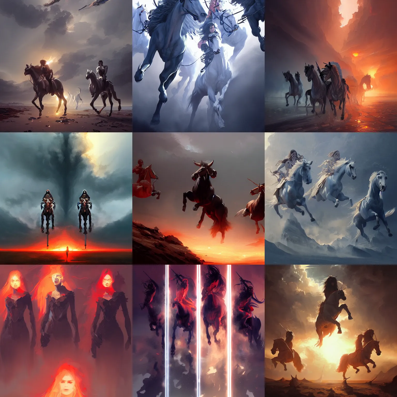 Prompt: the four horsemen of the apocalypse, dynamic composition, detailed designs, digital painting, 4 k, by ilya kuvshinov, by greg rutkowski, atmospheric lighting