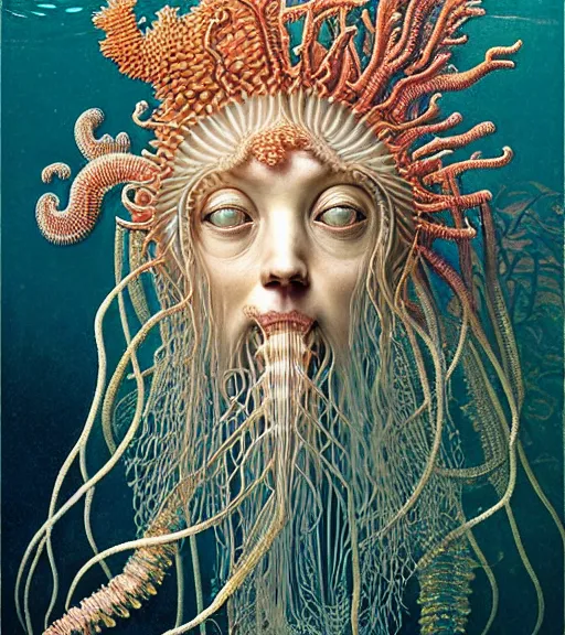 Image similar to hyperrealistic detailed underwater face portrait of the beautiful god of the jellyfish with an intricate headgear of corals, sea kelp, sea plants, fish, starfish, jellyfish, art by ernst haeckel, james jean, john william godward, gothic, neo - gothic, ornamental, beautiful deep colours,