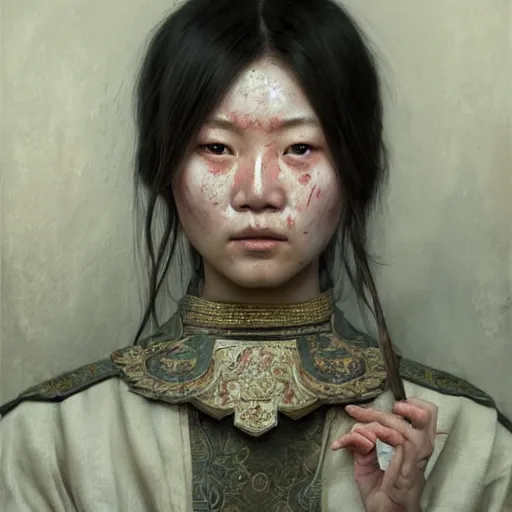 Prompt: portrait painting of a bloodied north chinese female butcher, ultra realistic, concept art, intricate details, eerie, highly detailed, photorealistic, octane render, 8 k, unreal engine. art by artgerm and greg rutkowski and alphonse mucha