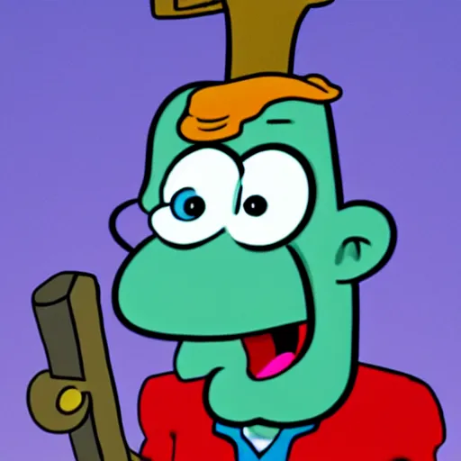 Image similar to squidward from spongebob squarepants with hair, holding a hammer