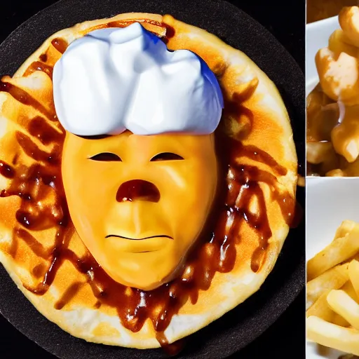 Prompt: A photograph of a poutine the Canadian dish composed of cheese in the shape of the head of vladimir poutine, ultra realistic, photography, very detailed, 8K , food