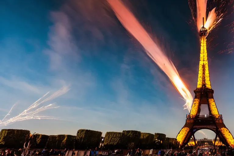 Prompt: the eiffel tower blowing up, cinematic photograph, explosion, epic photograph, amazing lighting, destruction, stunning,