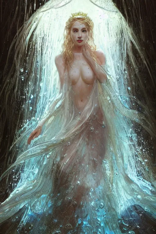 Image similar to portrait of a beautiful woman wearing a royal victorial dress, silver hair, drenched body, wet dripping hair, emerging from the water, fantasy, regal, fractal crystal, fractal stone gems, by stanley artgerm lau, ross tran, greg rutkowski, thomas kindkade, alphonse mucha, loish, norman rockwell