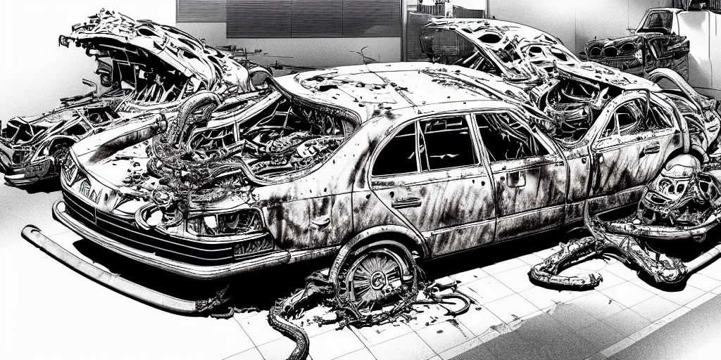 Image similar to a big woman axolotl in burning wrecked mercedes 1 2 4, ultrafine hyperdetailed illustration by kim jung gi