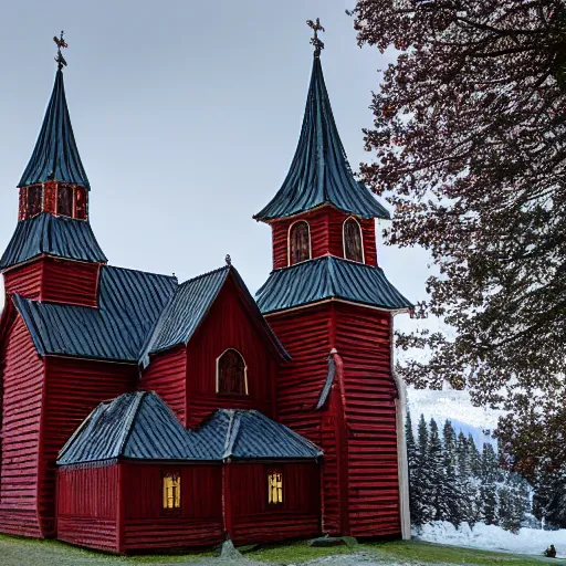 Prompt: a photograph of a baroque norwegian stave church