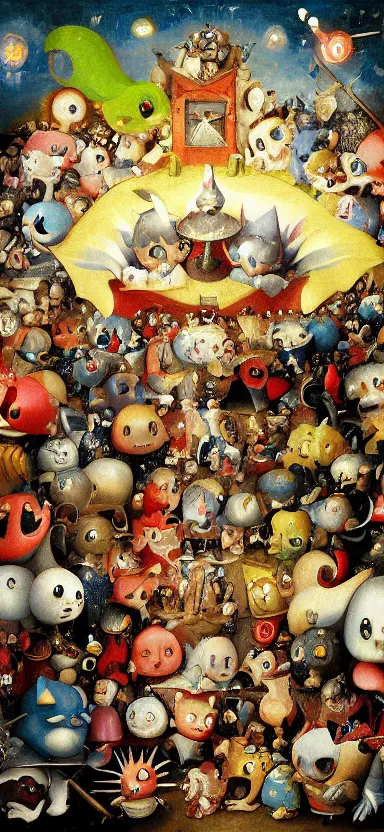 Prompt: detailed digital oil painting by hieronymus bosch of a scene from kirby star allies