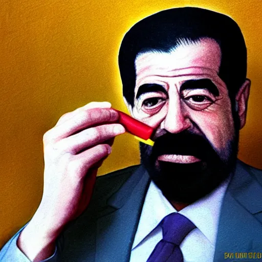 Prompt: saddam hussain eating crayons, realistic, award winning, photography,