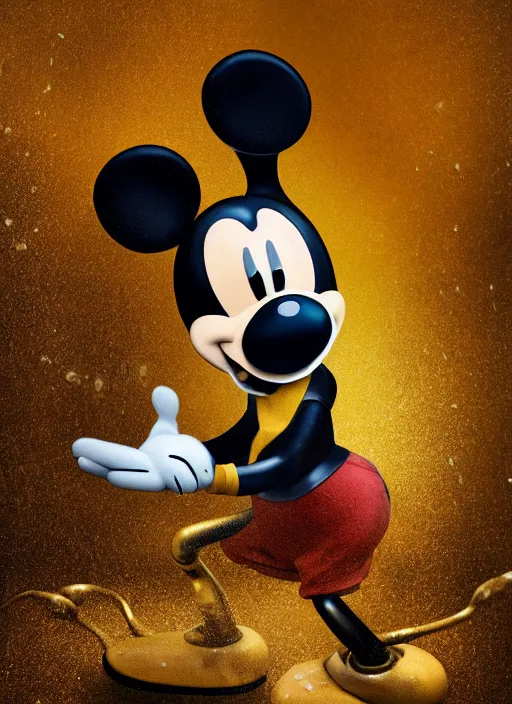 Image similar to mickey mouse, gas mask, fractal, leathery, wet, broken, melting, rococo, mycelium, baroque, sumerian, radiant alien, magic kingdom, octane render, high detail