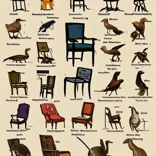 Image similar to an illustrated field guide to different species of chairs showing examples of males and females of each species, biological illustrations, art by john james audubon robert stebbins and terryl whitlatch and david sibley and charles darwin, highly detailed, intricately detailed, 8 k, trending on artstation