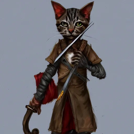 Prompt: humanoid homeless cat wearing rags and holding a sword, concept art, d & d, fantasy, trending on artstation