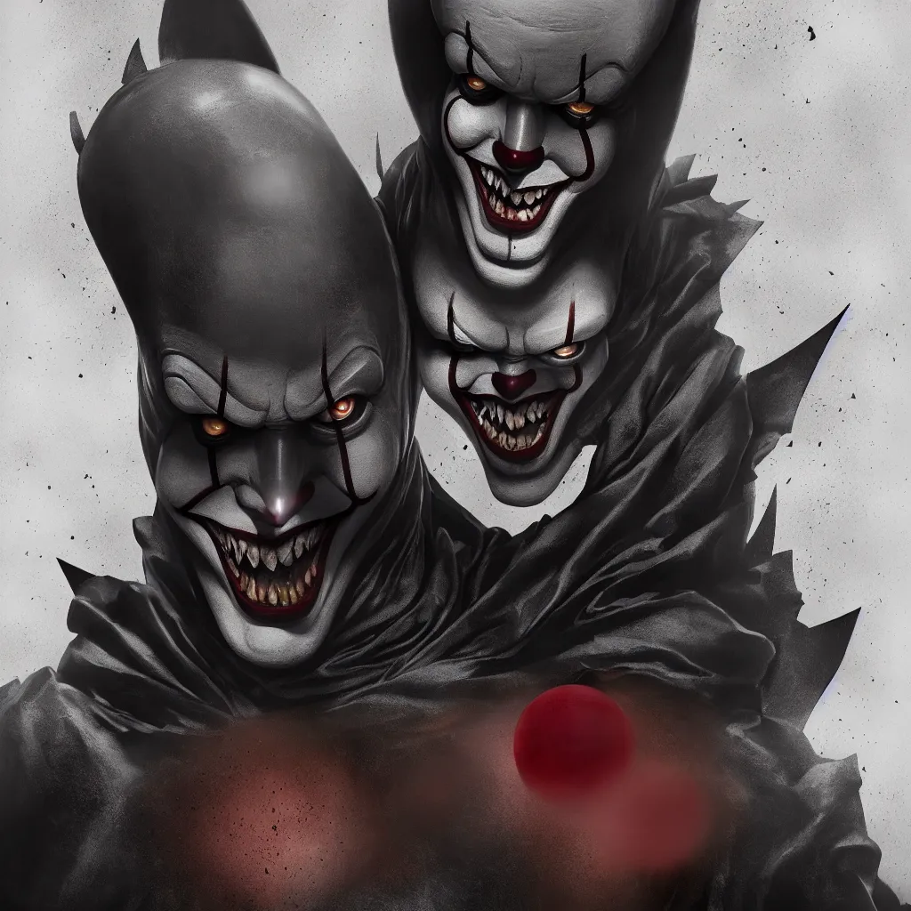 Image similar to symmetry of pennywise mixed with batman from neil gaiman, rpg reference, art by greg rutkowski, artgerm, trending on artstation, octane render, insanely detailed, 8 k, hd