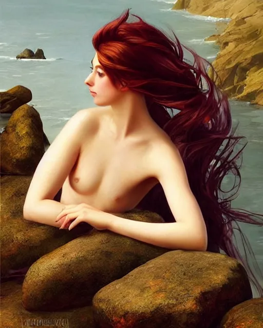 Prompt: a mermaid siting on a rock, climbing her hair with her fingers, oil on canvas, artstation, by j. c. leyendecker and edmund blair leighton and charlie bowater, beautiful face, octane, very aesthetic!!!!!!!!!!!!!!!