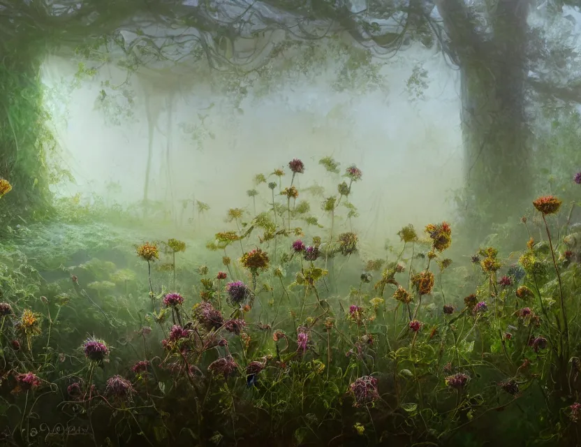 Prompt: hyphae of an amorphous, gooey life form spreading over a cottage garden in a beautiful foggy morning. oil painting, indie concept art, bloom, chiaroscuro, backlighting, intricate details, depth of field.